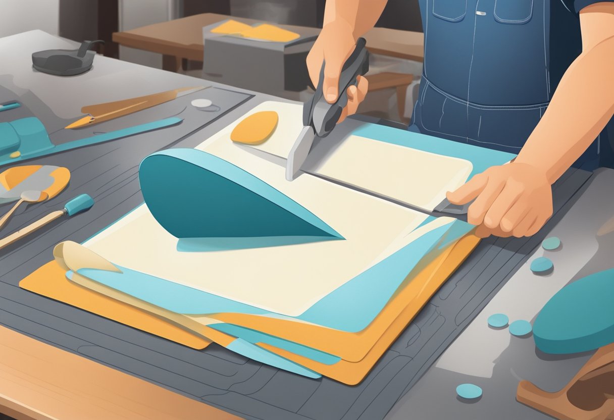 A mouse pad maker cutting foam, gluing fabric, and pressing designs onto the pads in a well-lit workshop