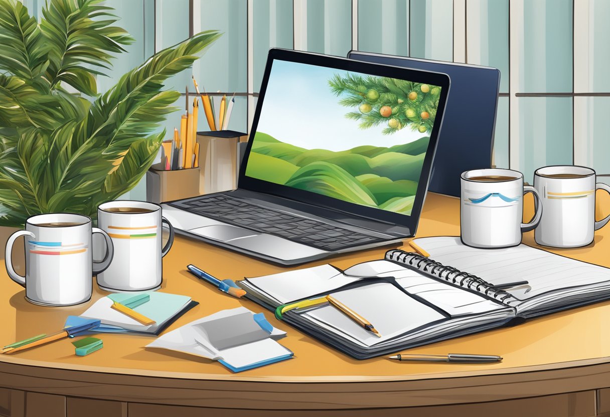 A table with branded merchandise - mugs, notebooks, and calendars. A festive backdrop with company logo