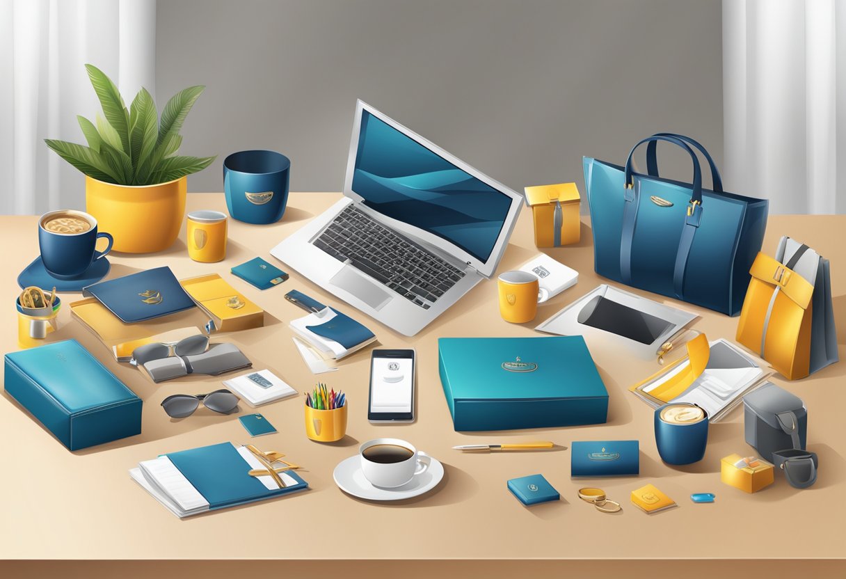 A table with various corporate gift options, including branded items, luxury goods, and personalized gifts, displayed in an organized and appealing manner