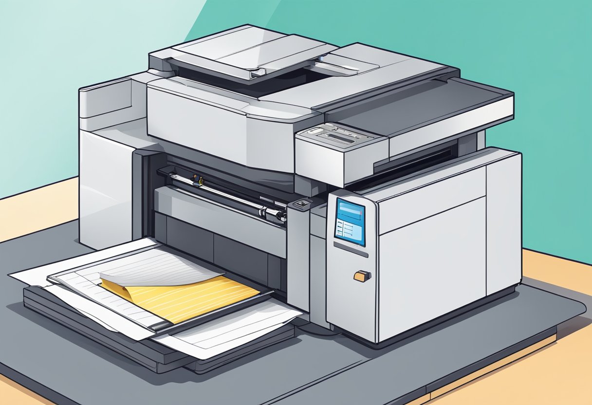 A printer feeds paper into a notebook binding machine, as pages are trimmed and stacked into a finished notebook