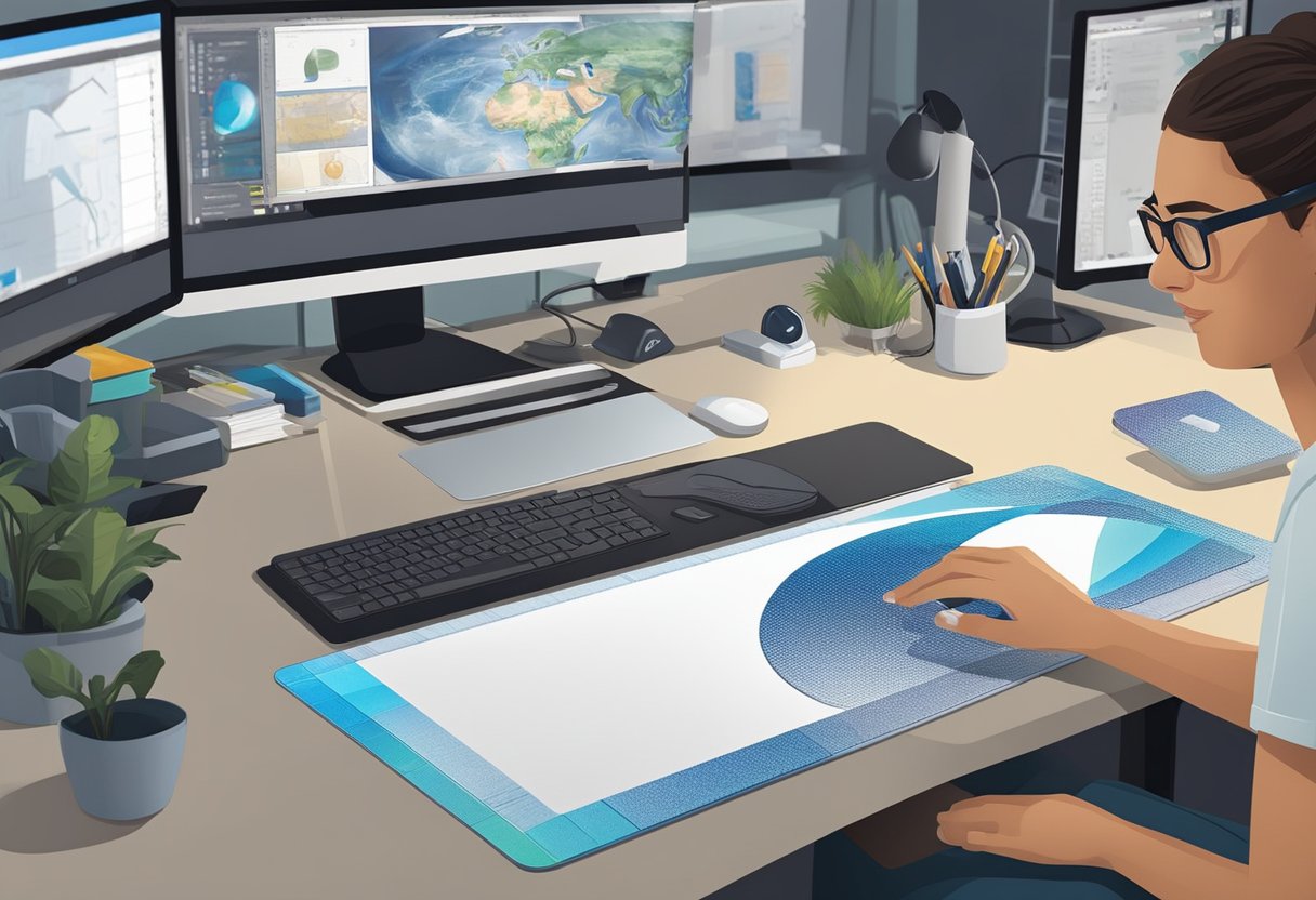 A mouse pad maker carefully designs and prints custom mouse pads using advanced digital equipment in a modern, well-lit studio