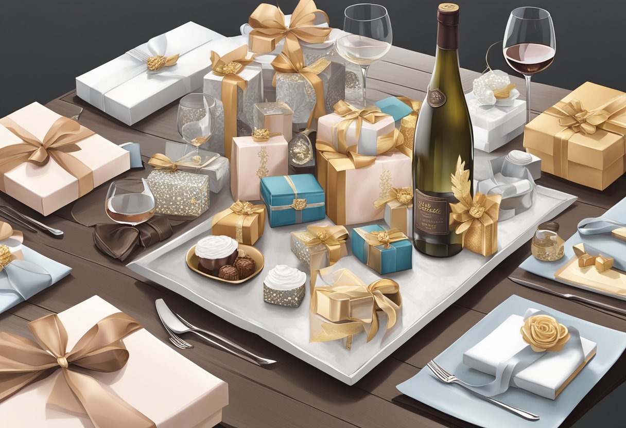 A table adorned with elegant gift boxes, ribbons, and luxurious items like wine, chocolates, and personalized trinkets