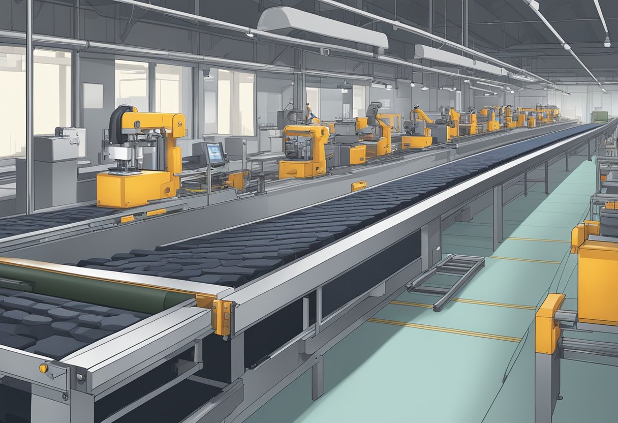 Machines assemble mouse pads on conveyor belt in factory