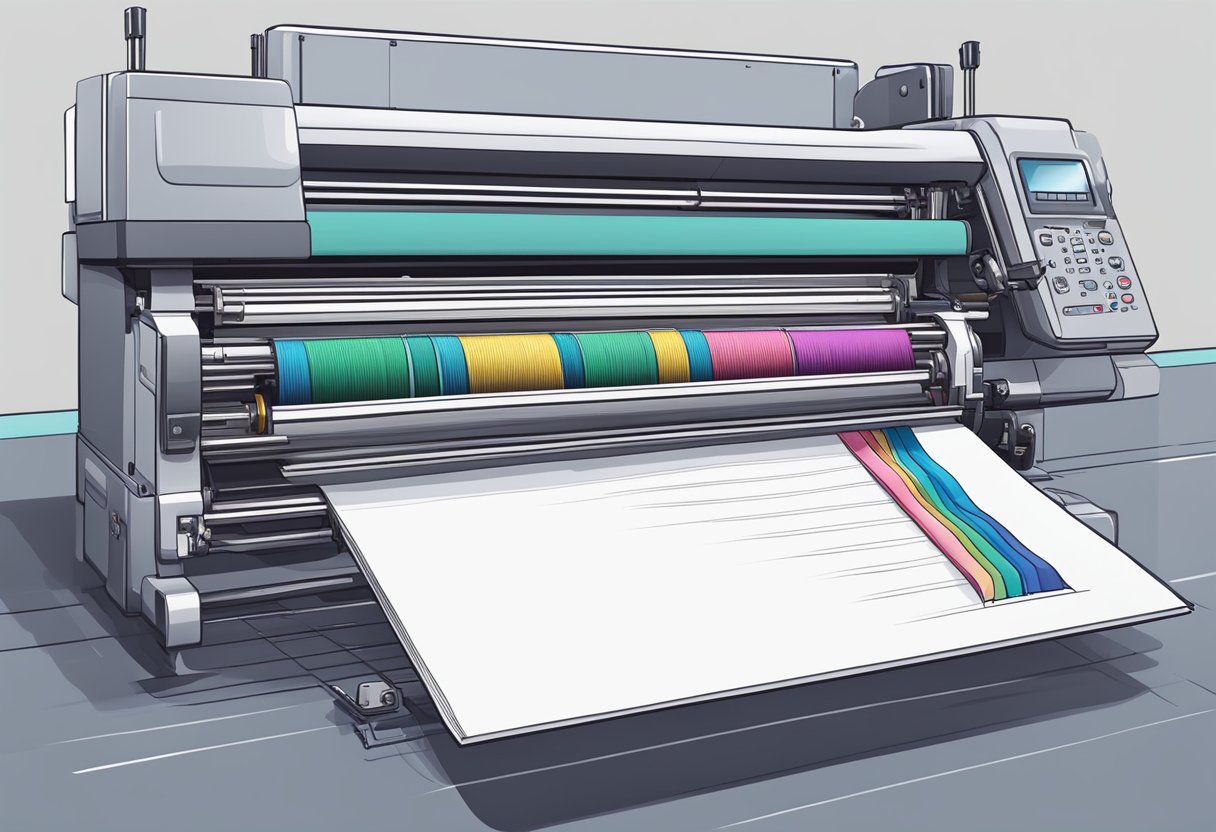 A printing machine produces notebooks with colorful covers and lined pages