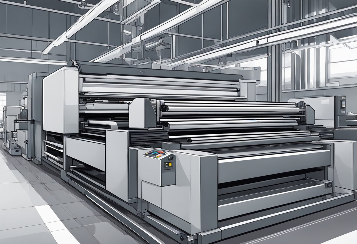A notebook printing machine in action, producing sleek and professional notebooks. The finished products are neatly stacked, ready for distribution