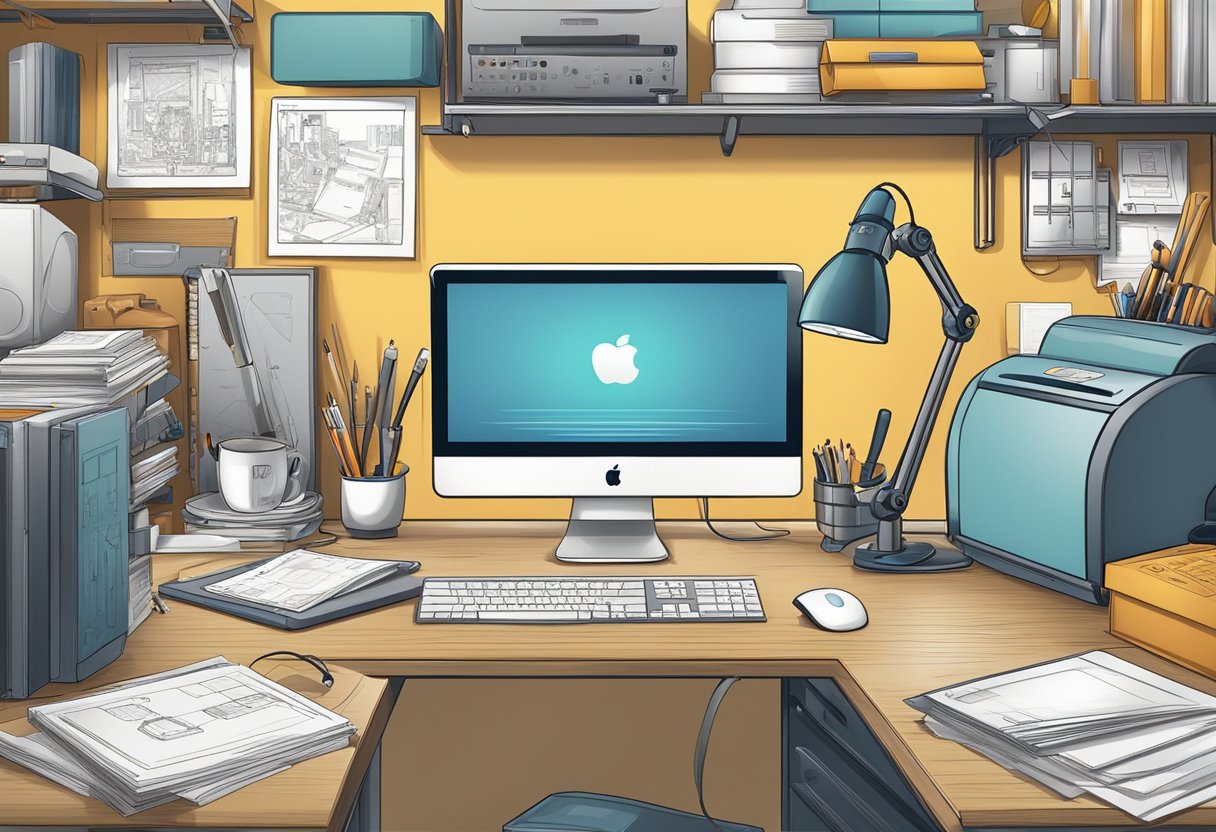 A mouse pad maker surrounded by design sketches, computer, and printing equipment