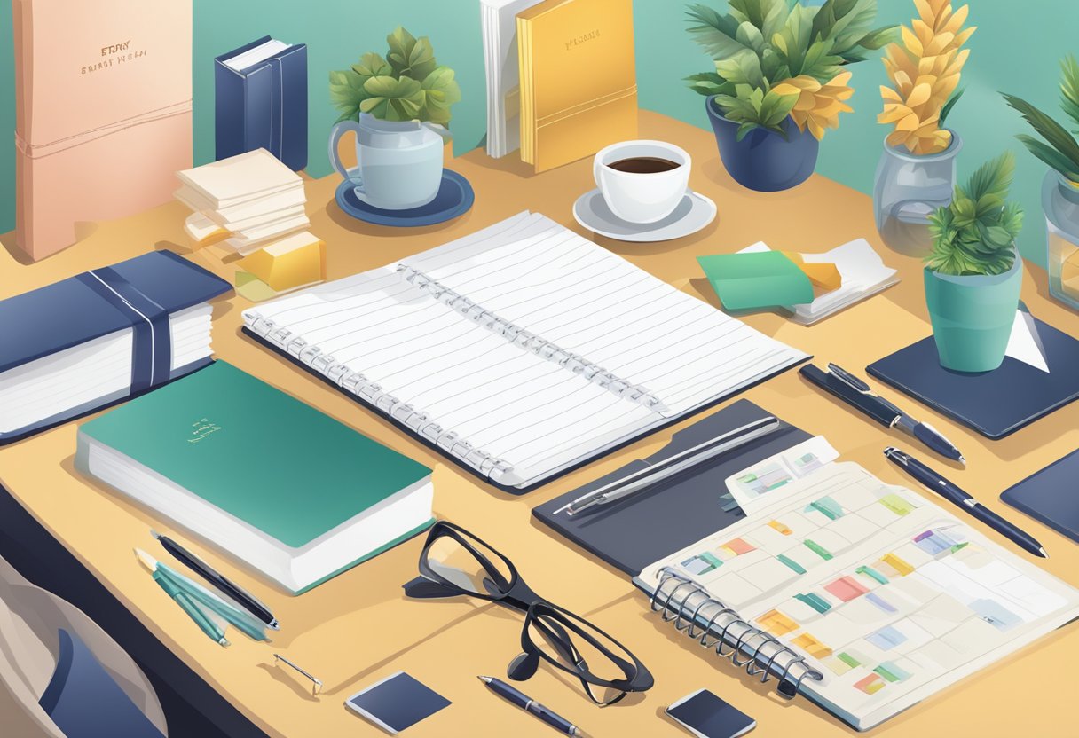 A table with various corporate gift items like branded notebooks, custom calendars, and elegant pen sets. A banner with "Frequently Asked Questions new year corporate gift ideas" hangs in the background