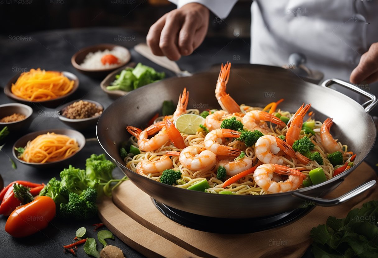 A chef tosses prawns and vermicelli in a sizzling wok with colorful vegetables and aromatic spices