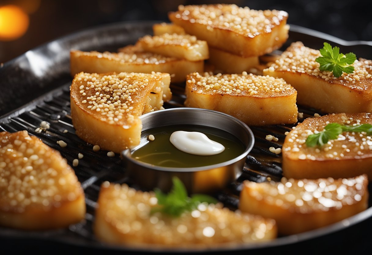 Golden prawn toast sizzling in hot oil, emitting a tantalizing aroma. Sesame seeds glisten on the crispy surface