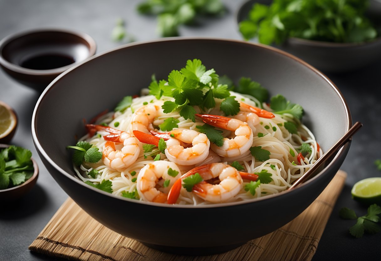 A steaming bowl of prawn vermicelli is being drizzled with fragrant sesame oil and garnished with fresh cilantro and sliced chili, ready to be served