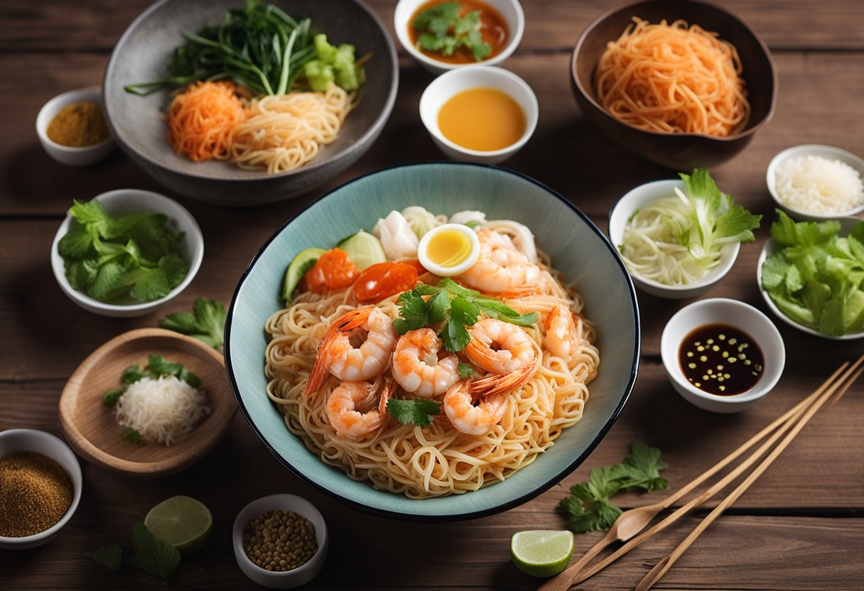 A bowl of prawn vermicelli surrounded by various condiments and utensils on a wooden table