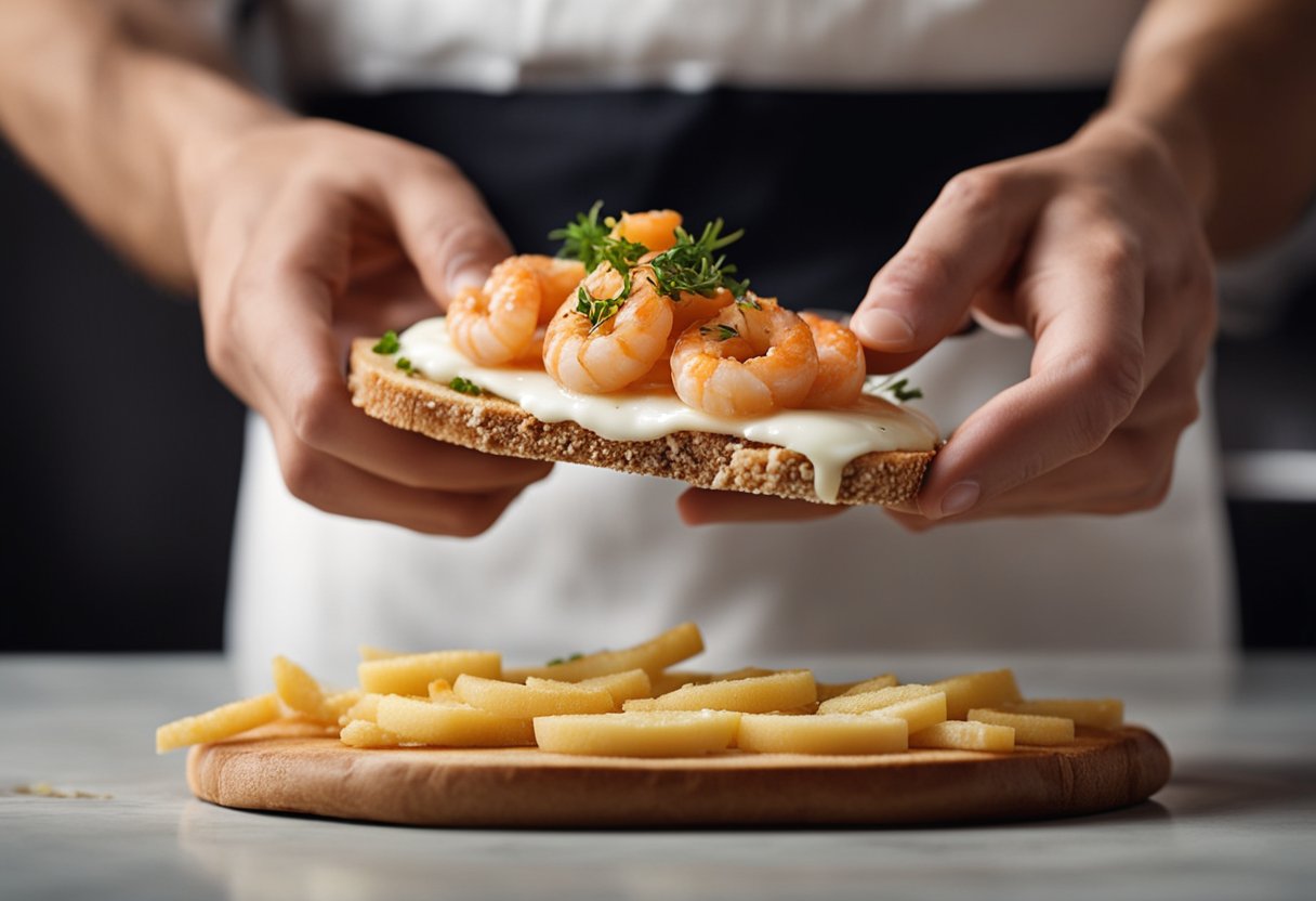 A chef spreads a layer of minced prawns on a slice of bread, then dips it in egg and fries it until golden brown