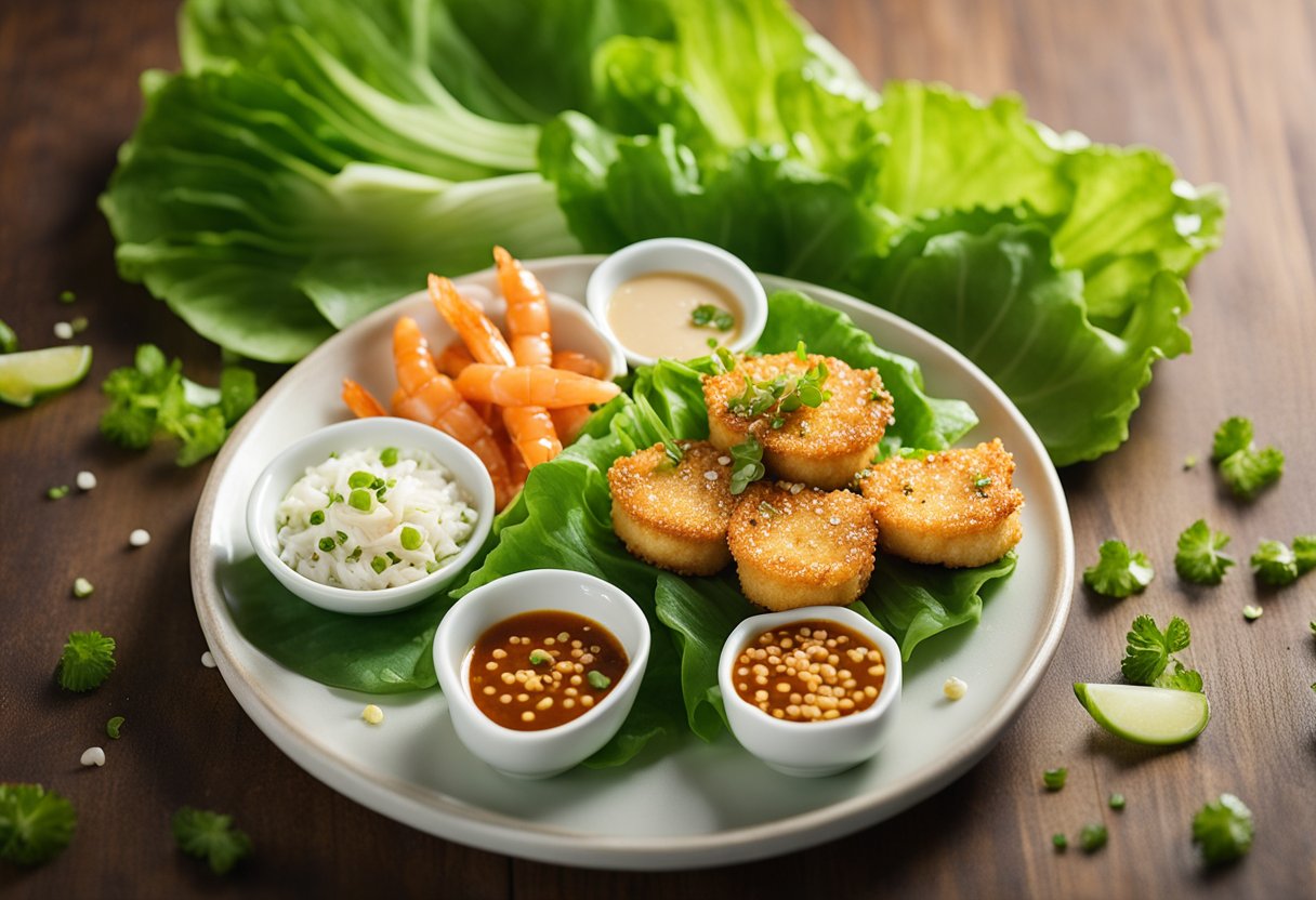 A plate of golden-brown prawn toast with sesame seeds, placed on a bed of vibrant green lettuce leaves, garnished with a sprinkle of chopped spring onions and a side of sweet chili dipping sauce