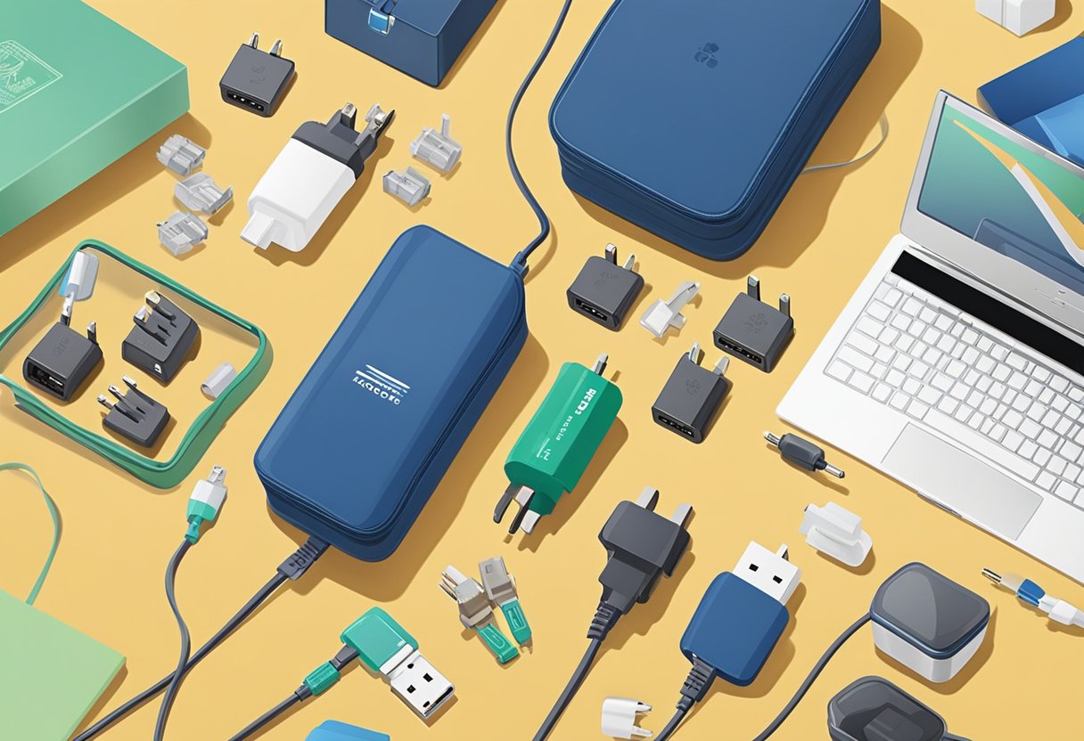 A travel adapter sits on a desk next to a branded corporate gift box, surrounded by various international power plugs and a passport
