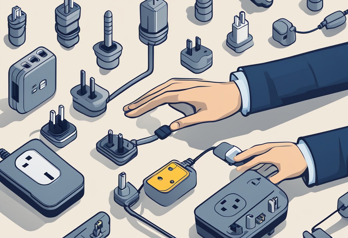 A hand reaching for a sleek travel adapter surrounded by various international power plugs and a logo of a corporate brand