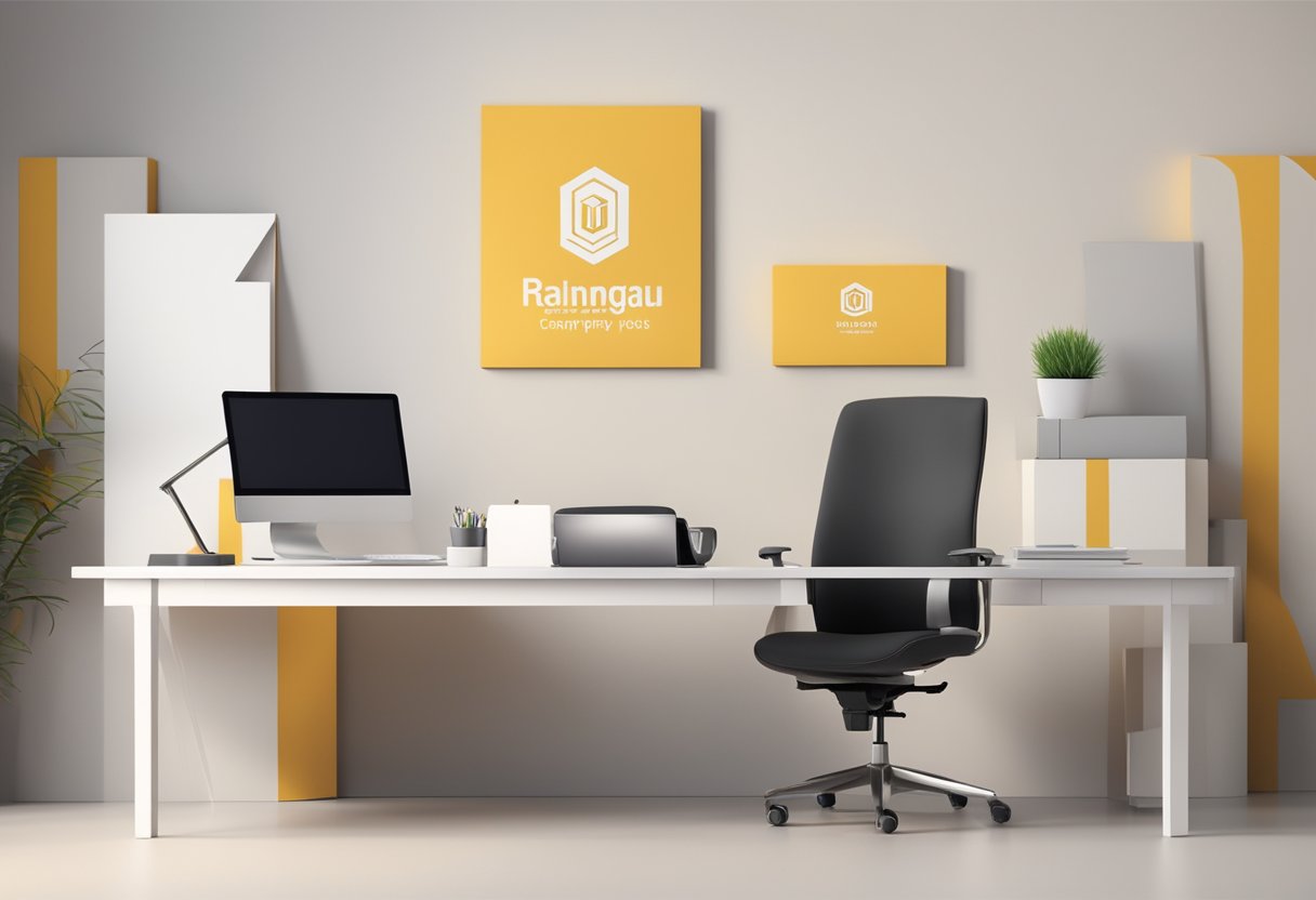 A desk with two branded gift boxes and a company logo on a wall