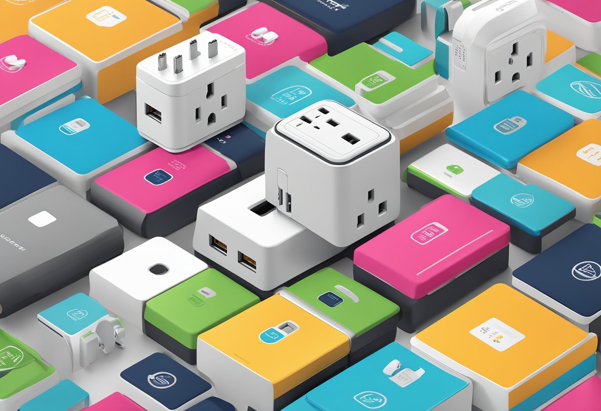 A travel adapter surrounded by corporate branding, with multiple plug options and a sleek, compact design