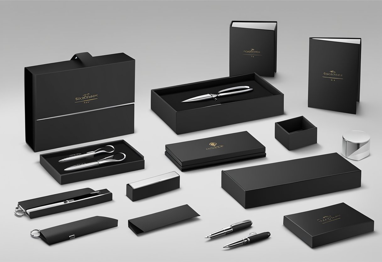 A sleek black gift box opens to reveal a set of high-quality corporate gifting utensils, including a pen, keychain, and business card holder