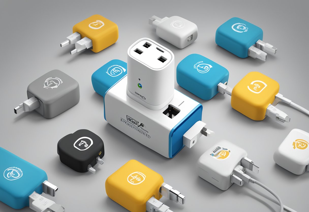 A travel adapter surrounded by frequently asked questions logo, with corporate gift branding