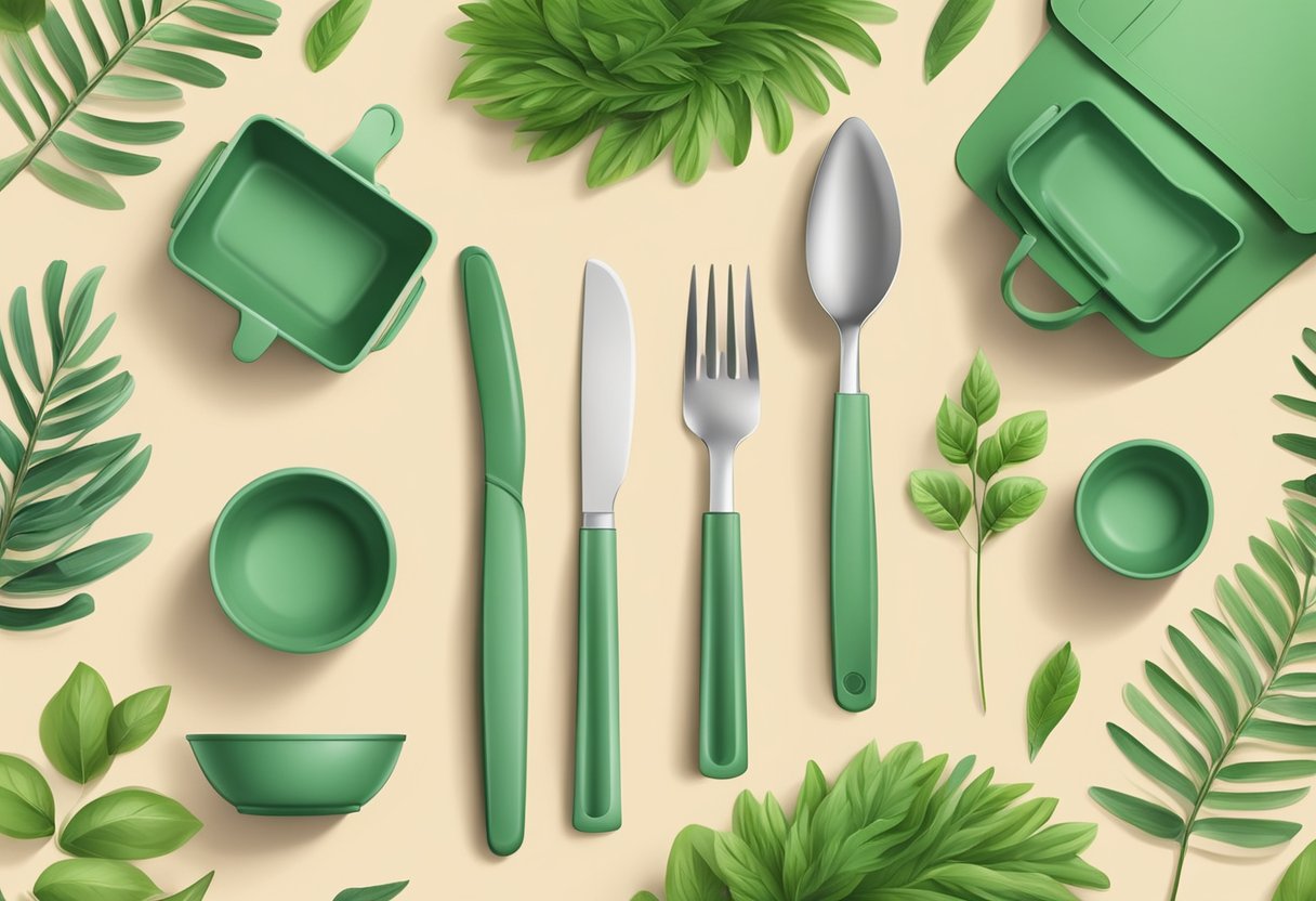 A gift set of eco-friendly utensils arranged neatly on a wooden table with a backdrop of lush greenery and natural lighting
