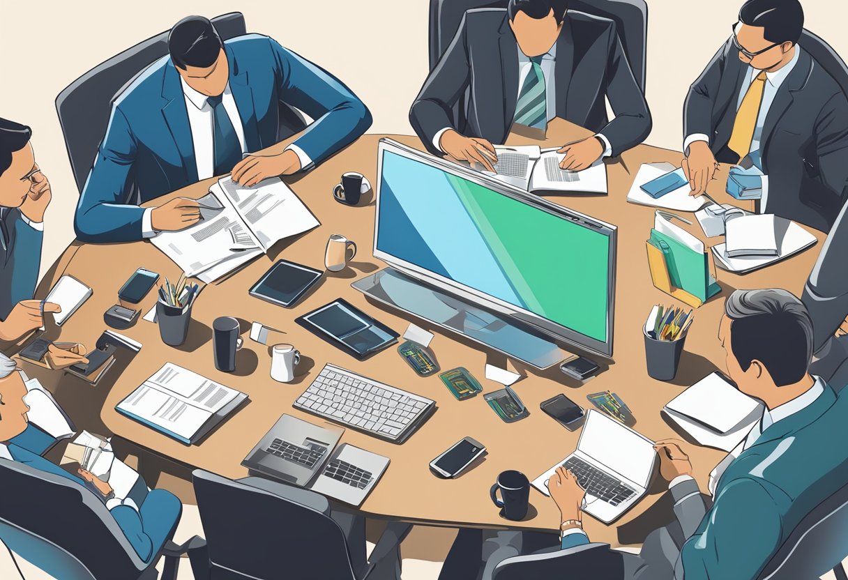 A table with branded corporate gifts displayed, surrounded by executives discussing the strategy