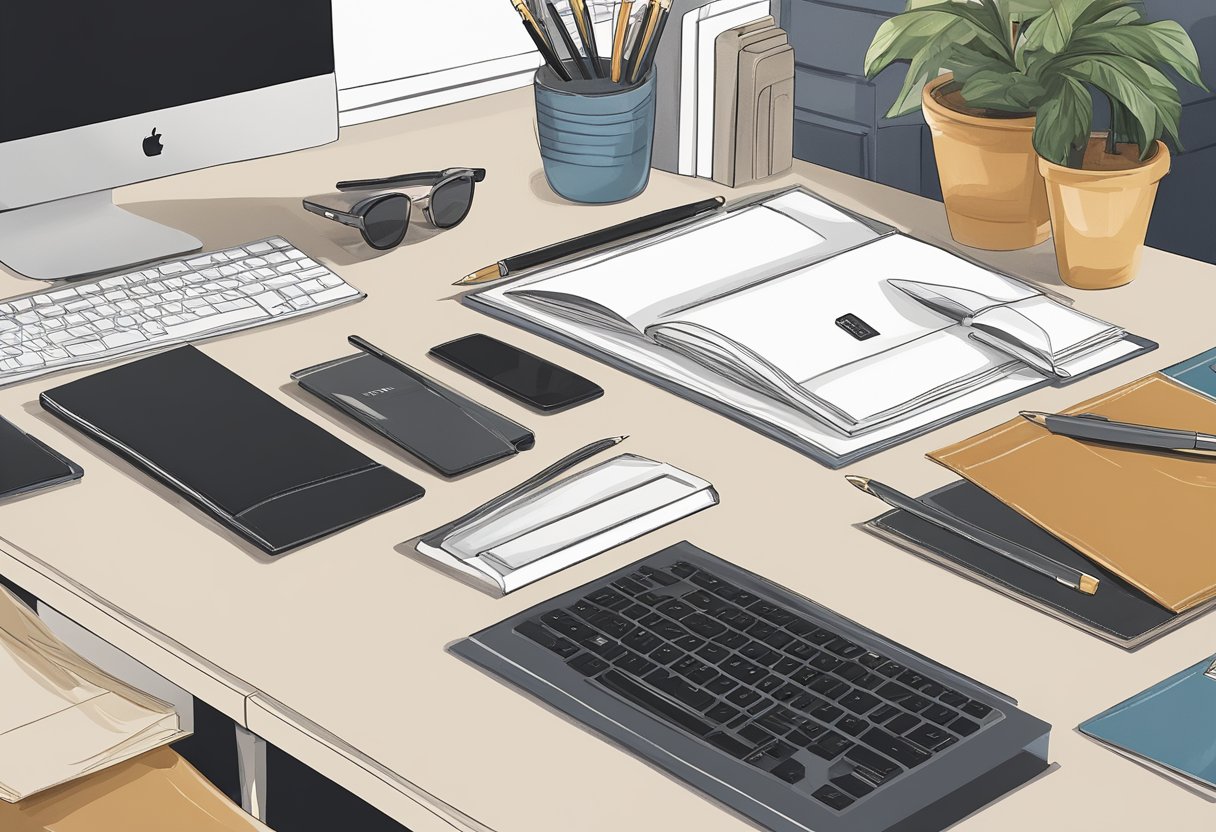 A hand reaches for a sleek, personalized pen on a desk adorned with custom corporate gifts. The room is filled with elegant and unique items, each carefully selected for their high quality and thoughtful design