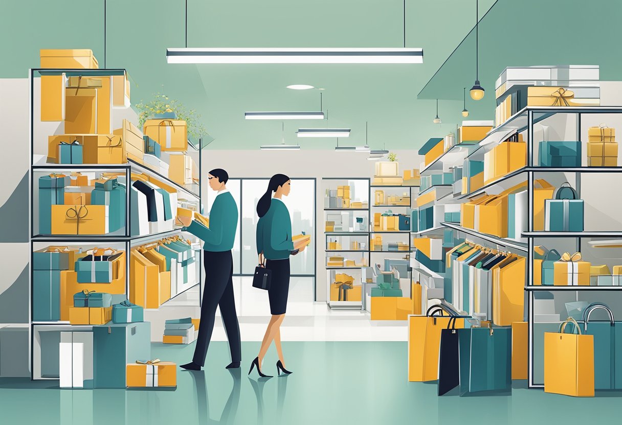 A person selects and sources corporate gifts from a variety of options, including branded items and luxury products. They carefully consider the company's brand and the preferences of the recipients