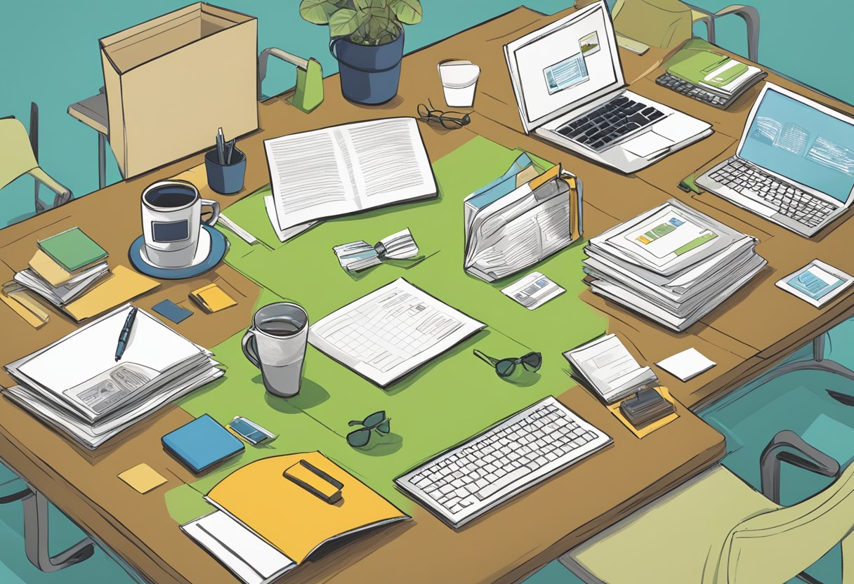 A table covered in various custom corporate gifts, with a sign reading "Frequently Asked Questions" displayed prominently