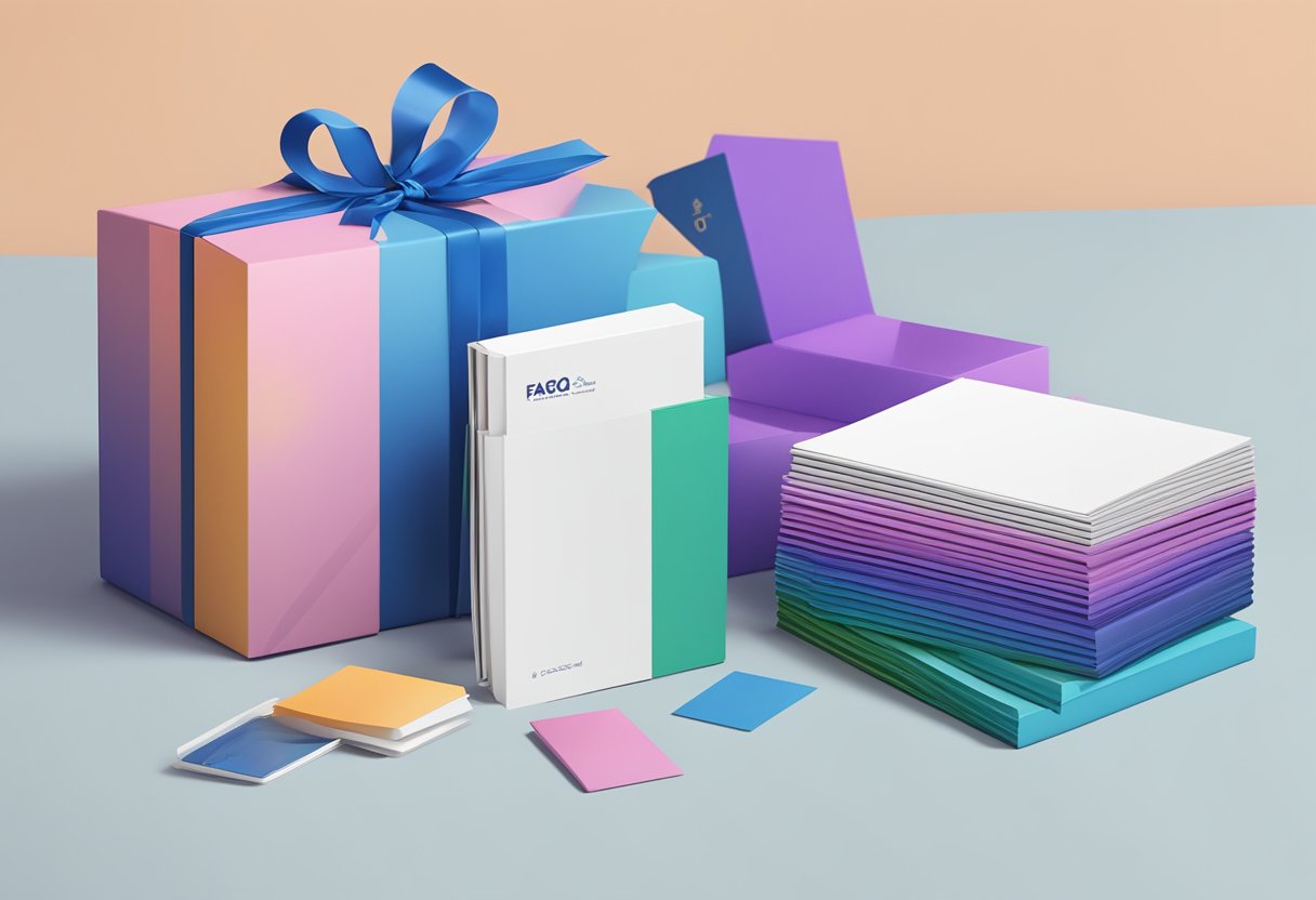 A stack of FAQ booklets beside a branded corporate gift box