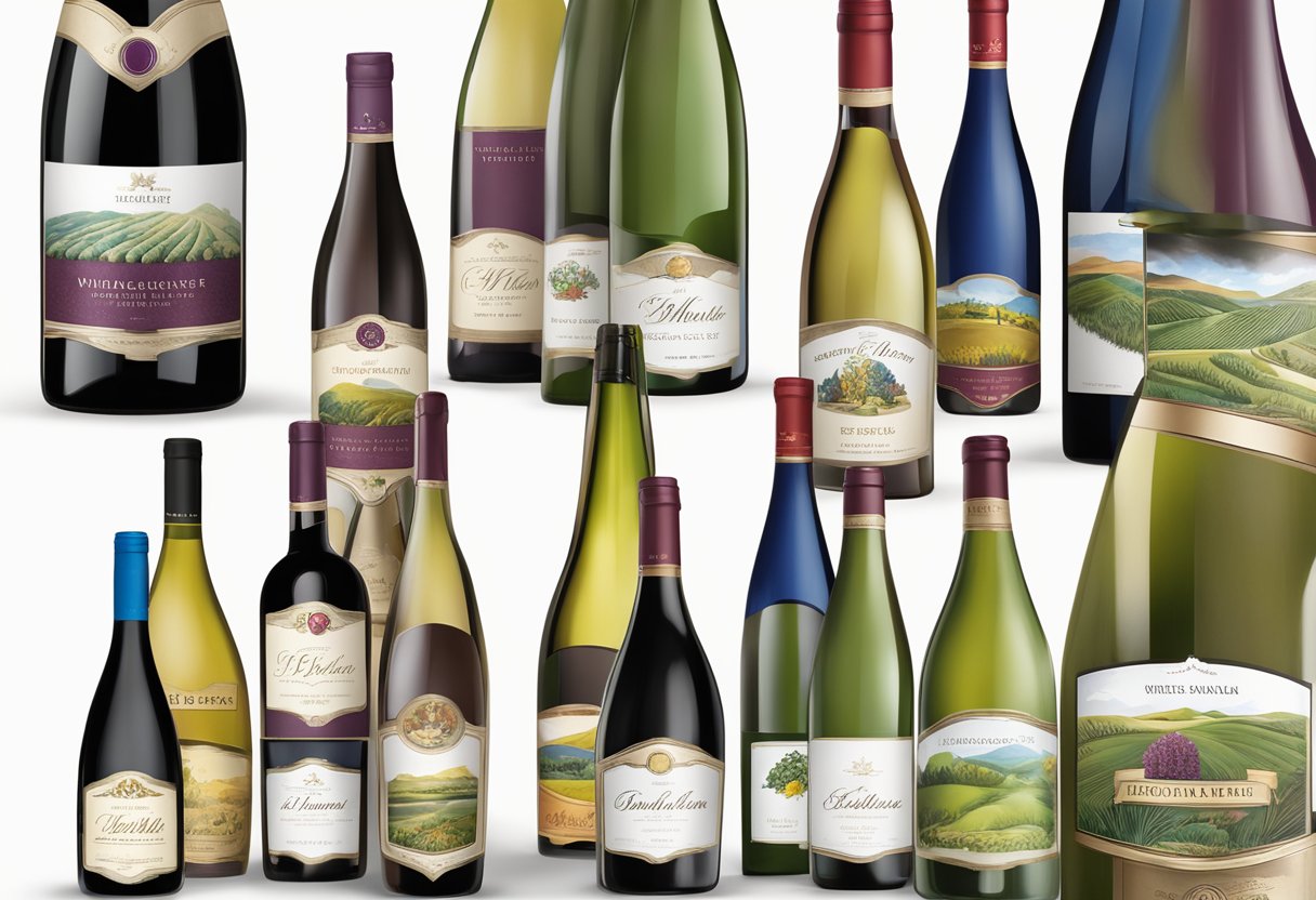 A table displaying custom wine bottles with company logos and personalized labels