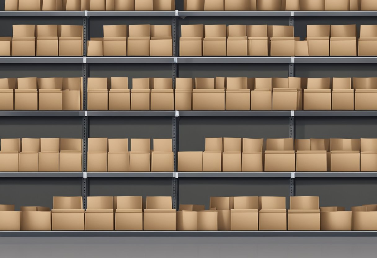 A stack of paper bags, neatly arranged in rows, fill the warehouse shelves. The bags are plain and unadorned, ready for wholesale distribution