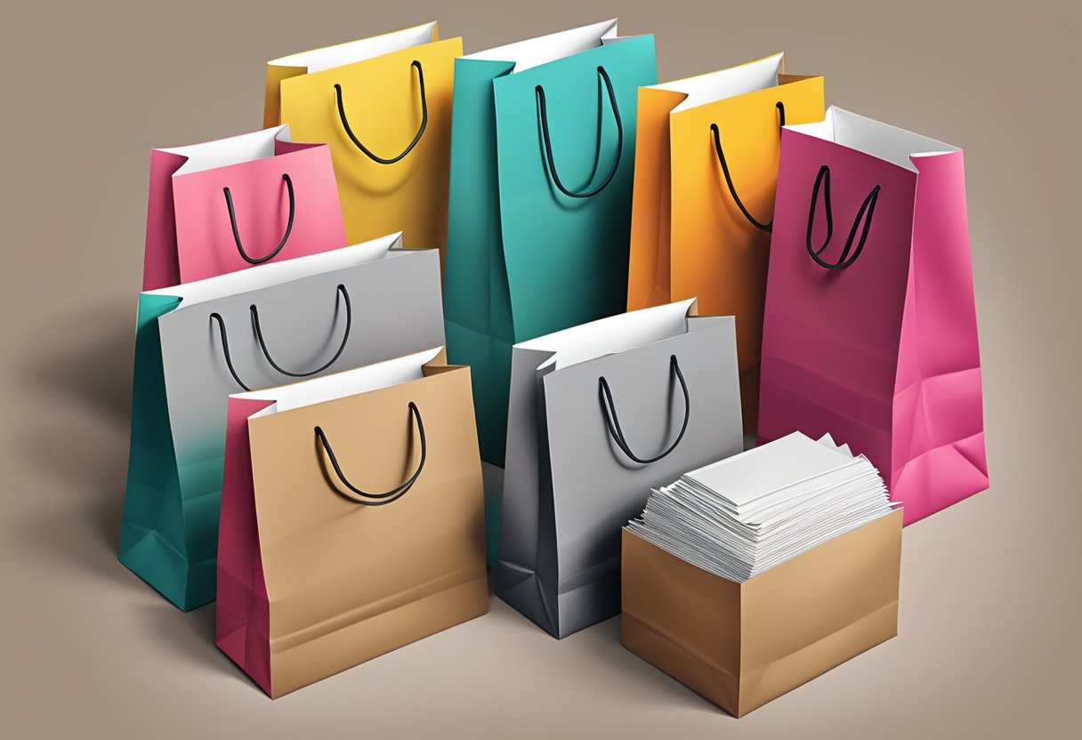 A stack of paper bags in various sizes and colors, showcasing their different features such as handles, gussets, and printed designs