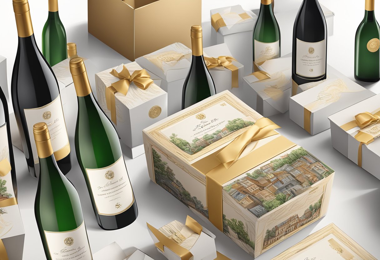 A handcrafted wine label is being printed with a company logo and personalized message, while bottles are being carefully packed into elegant gift boxes