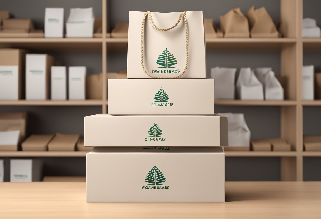 A stack of paper bags sits on a clean, well-lit shelf. The bags are sturdy and eco-friendly, with the company's logo printed on the front