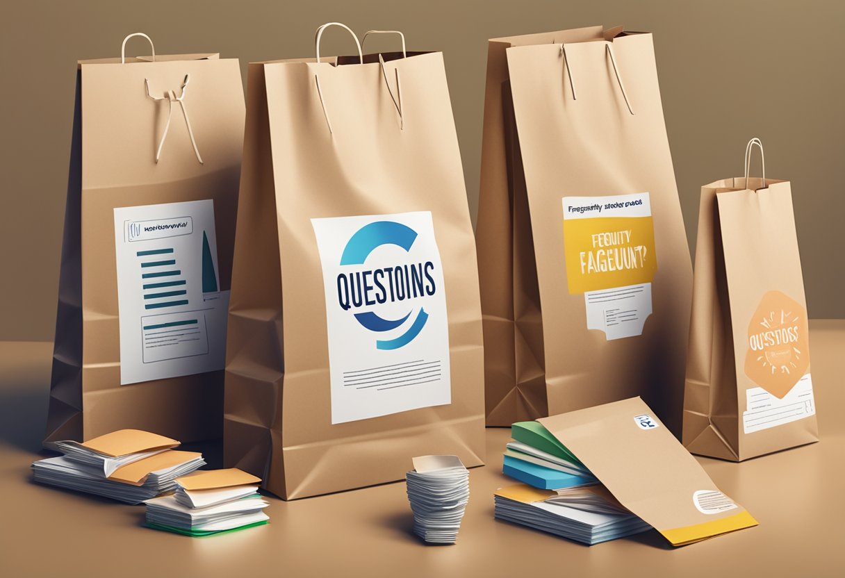 A stack of paper bags with "Frequently Asked Questions" printed on them, surrounded by various other packaging materials