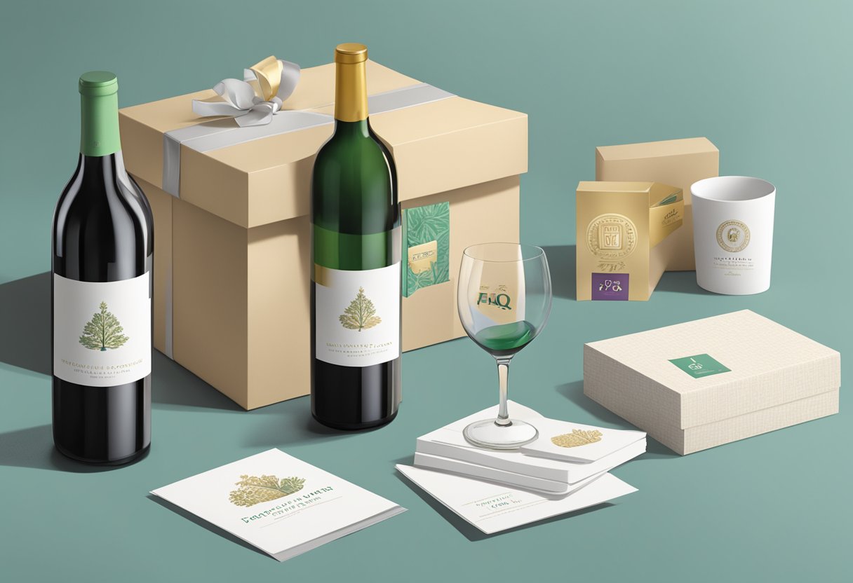 A table with custom wine bottles, logo-branded gift boxes, and a stack of FAQ cards