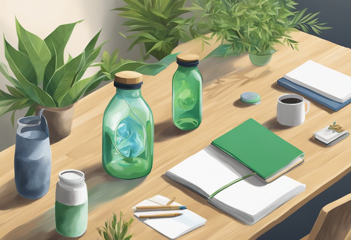A table with eco-friendly gift options like reusable water bottles, bamboo utensils, and recycled notebooks. Green plants and sustainable packaging add to the scene