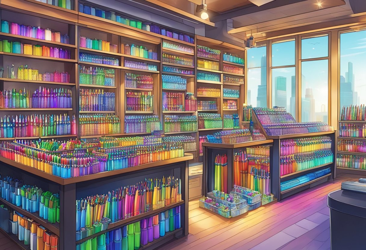 A colorful display of pens and corporate gifts in a well-lit shop