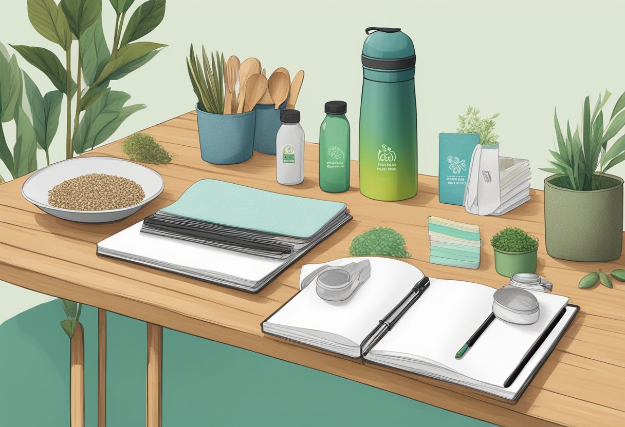 A table displays eco-friendly gift options: reusable water bottles, bamboo utensils, recycled notebooks, and plantable seed paper