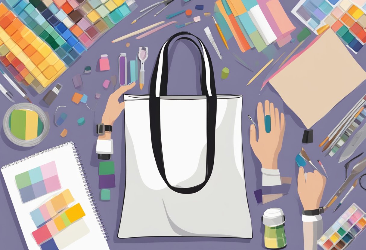 A hand reaching for a blank tote bag, surrounded by art supplies and fabric swatches