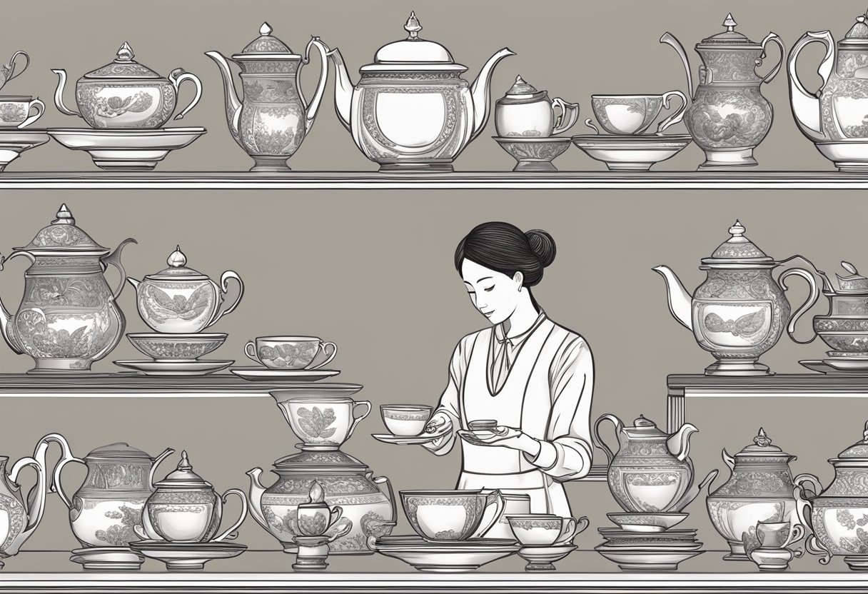 A person carefully arranges elegant tea sets on a table, with corporate logos displayed prominently