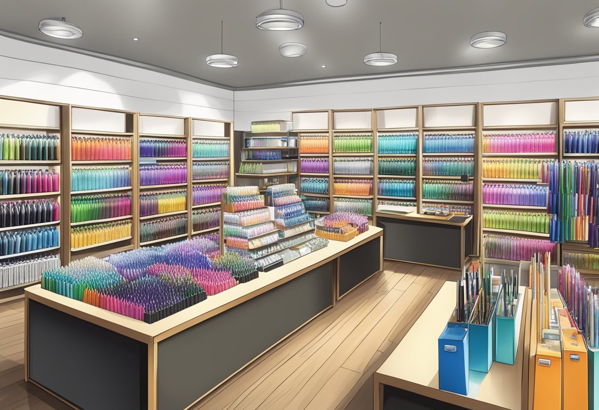 A display of sleek pens and corporate gifts in a well-lit gift shop