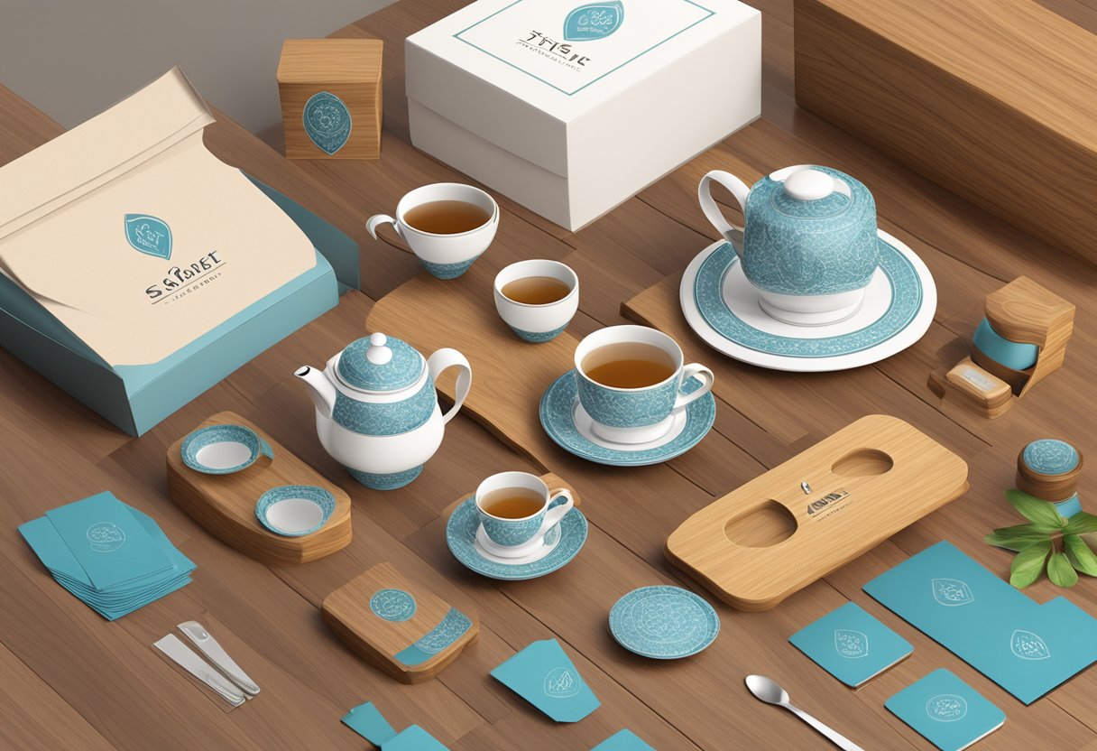 A tea set with branded company logo displayed on a polished wooden table, surrounded by elegant packaging and promotional materials