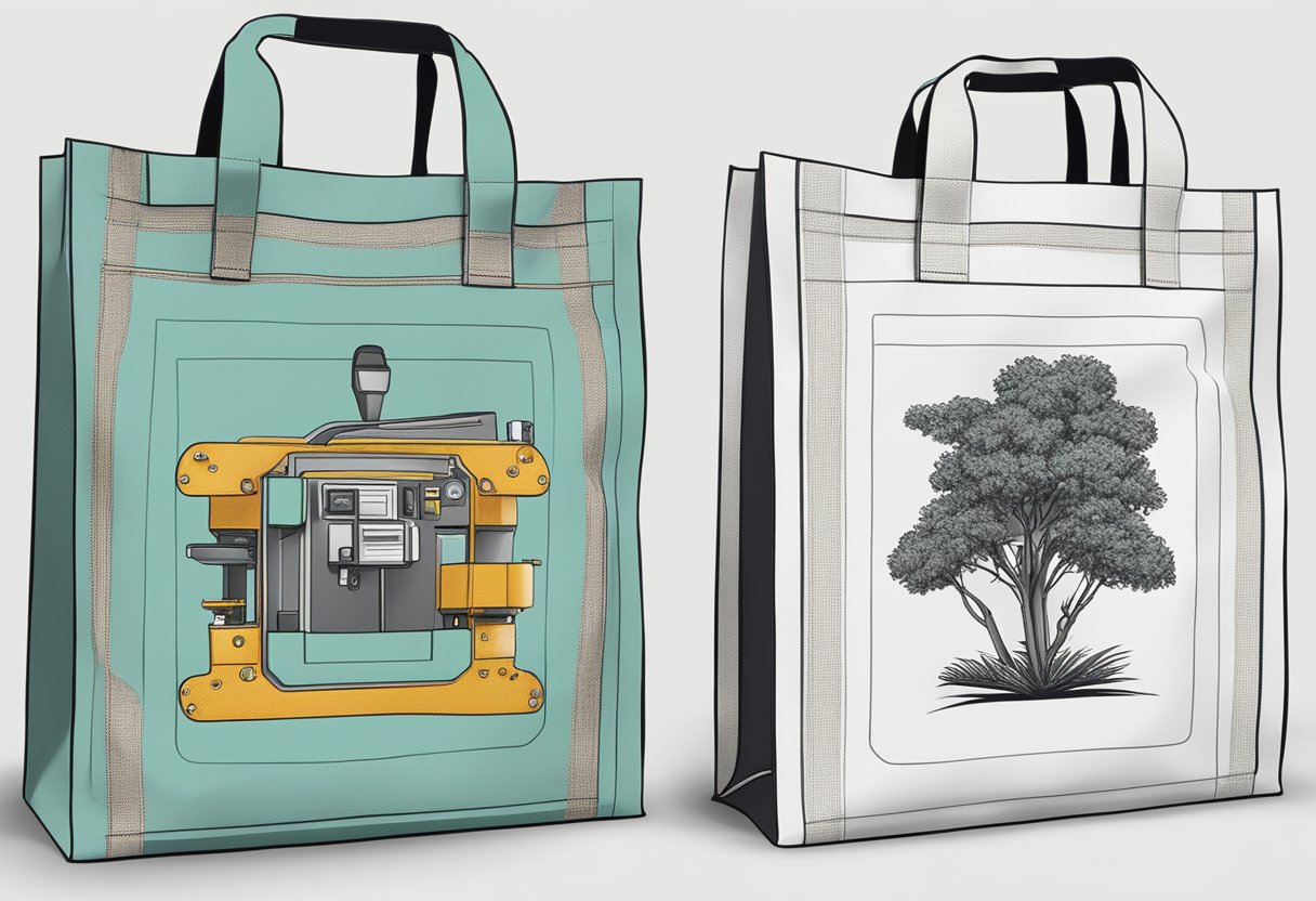 A tote bag being printed with a custom design and then packaged for distribution