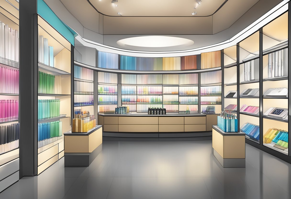 A sleek pen display sits in a well-lit gift shop, showcasing corporate gifts for sale