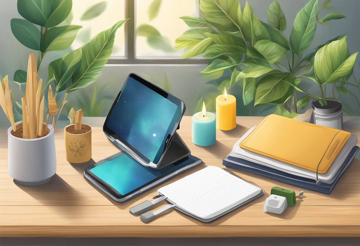 A table with eco-friendly gifts: reusable water bottles, bamboo utensils, and recycled notebooks. A plant-based candle and a solar-powered phone charger are also on display