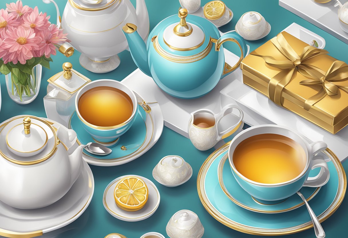 A table set with elegant tea sets and corporate gifts in a bright, modern setting