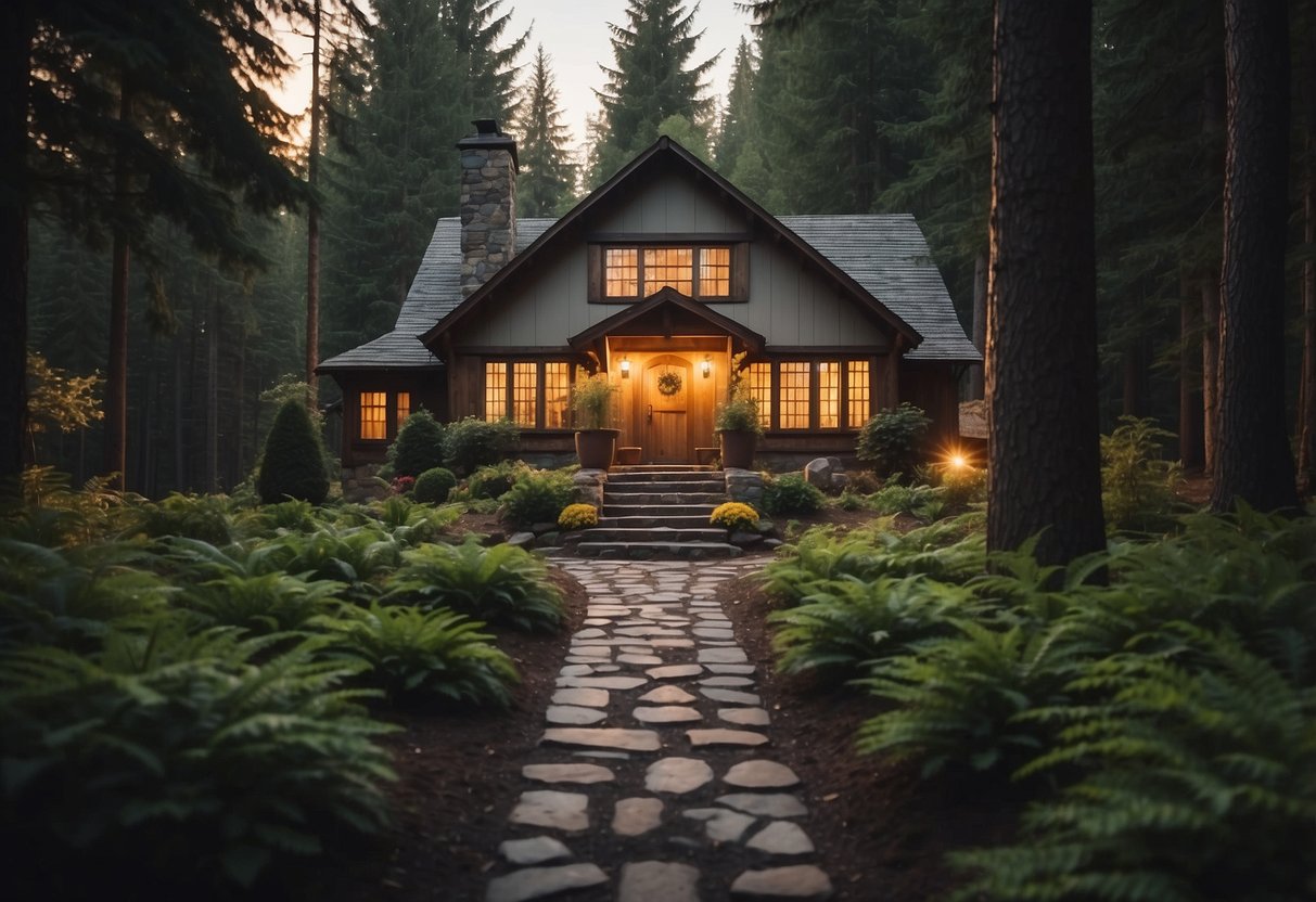 A cozy forest house nestled among tall trees, with a stone pathway leading to the front door and a warm glow emanating from the windows