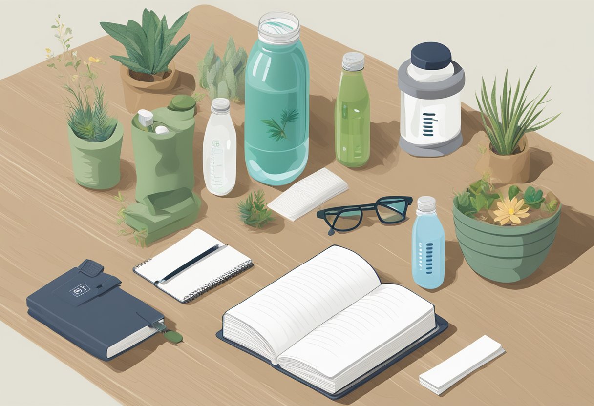 A table with eco-friendly gift options displayed, including reusable water bottles, recycled notebooks, and plantable seed paper