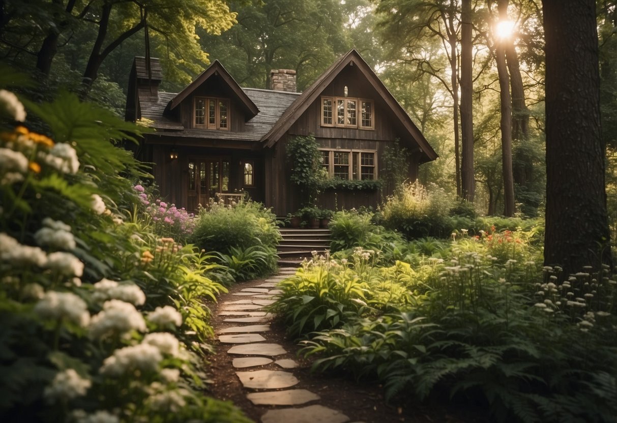 Sunlight filters through dense foliage onto a quaint forest house nestled among towering trees. A winding path leads to the rustic structure, surrounded by lush greenery and vibrant flowers